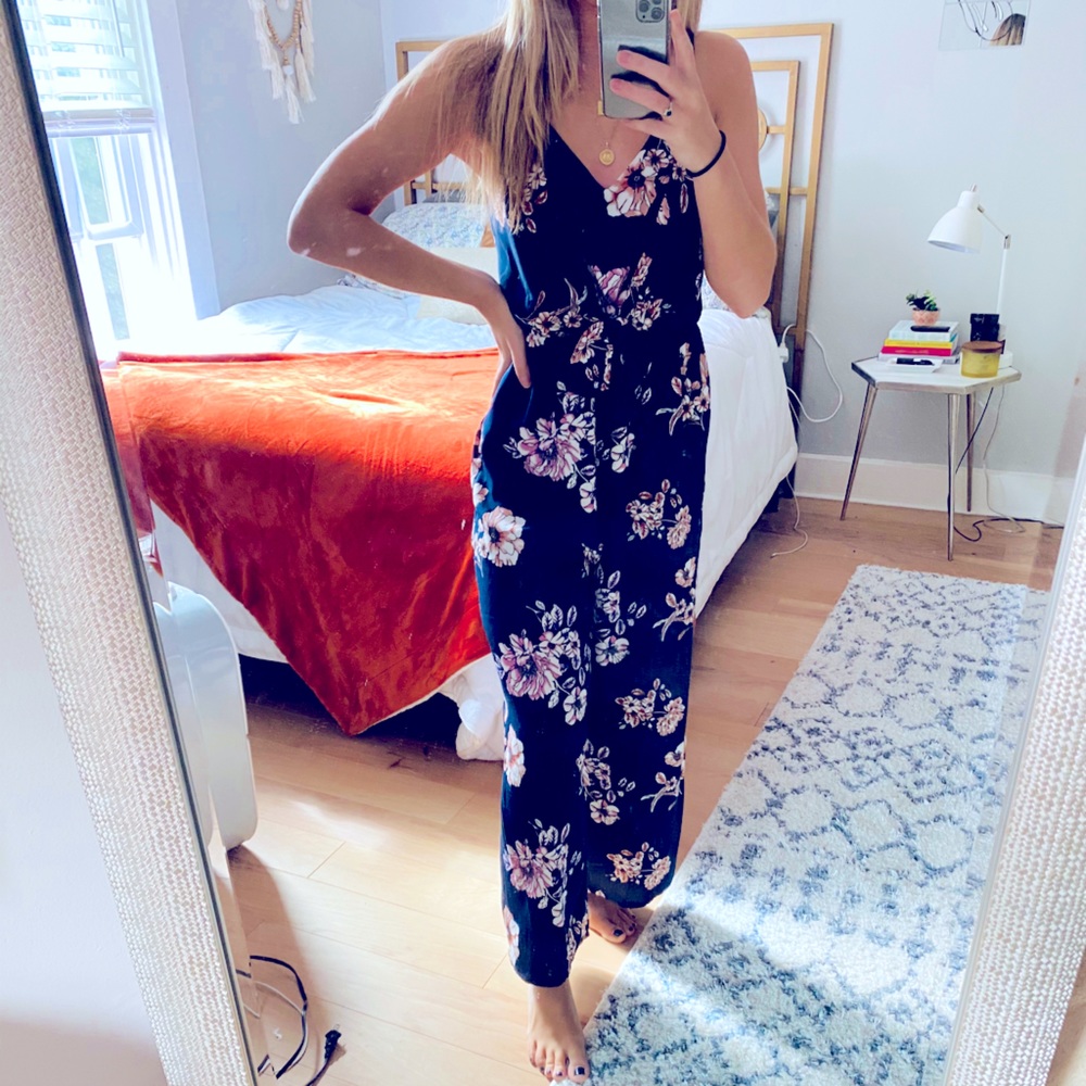 Navy Blue Floral Jumpsuit with Pockets, size M